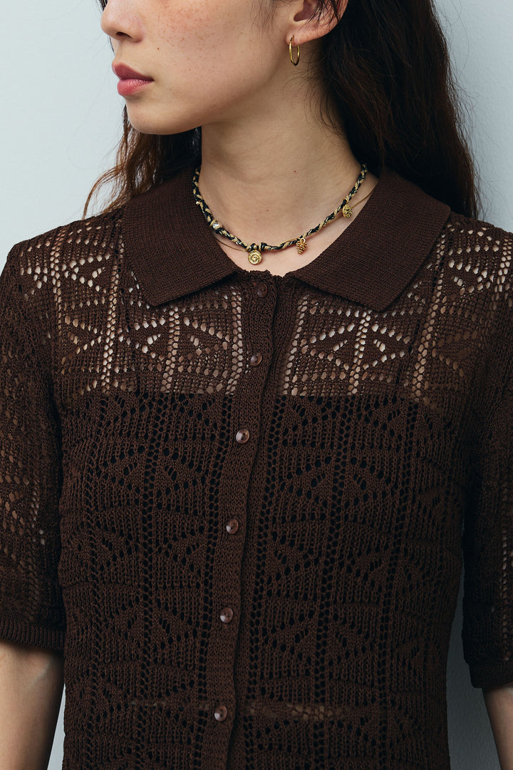 [予約/SET]透かし編みポロニットカーディガン+ウエストドロストサテンパンツ(2set)