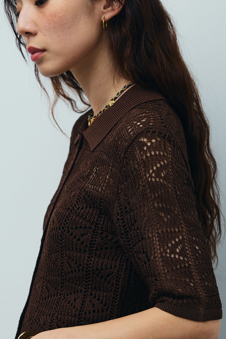 [予約/SET]透かし編みポロニットカーディガン+ウエストドロストサテンパンツ(2set)