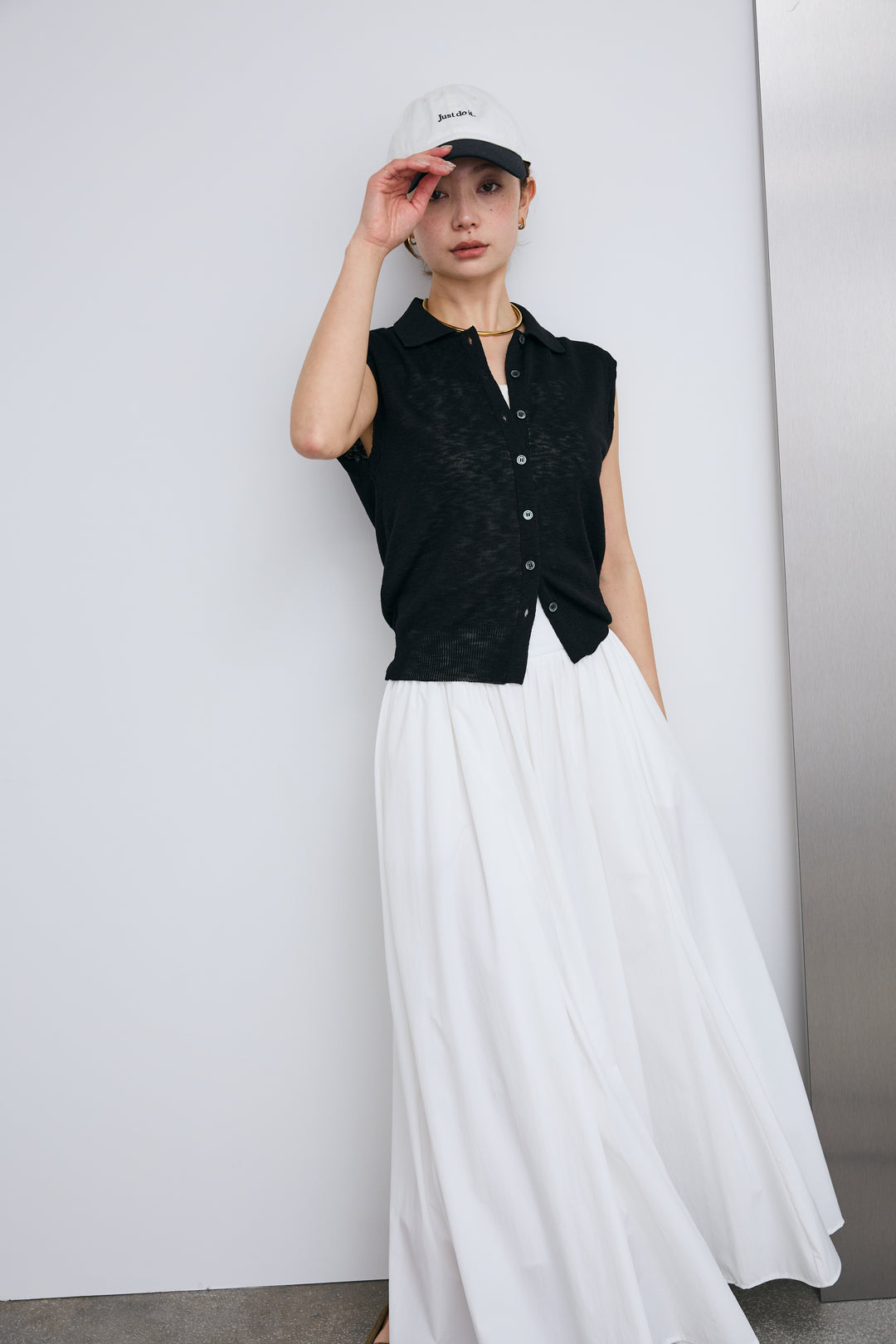 [予約/SET]ノースリーブポロニット+フルギャザーマキシスカート(2set)