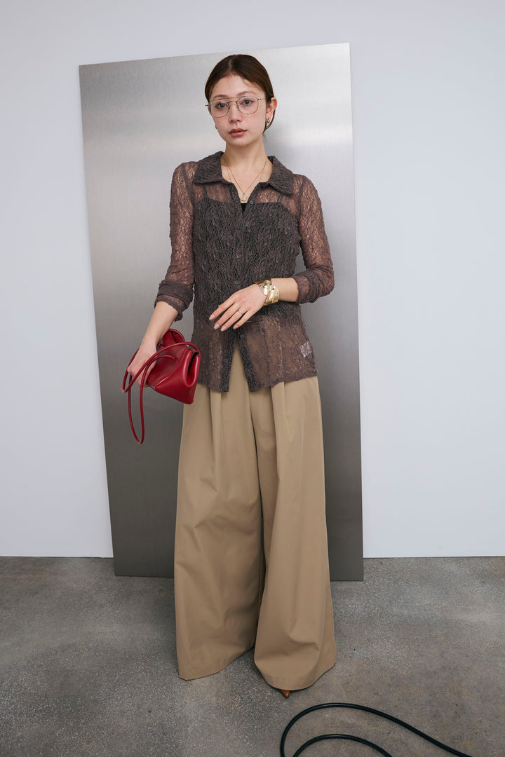 [予約/SET]シアーレース襟付きカーデ+ハイウエストタックワイドパンツ(2set)