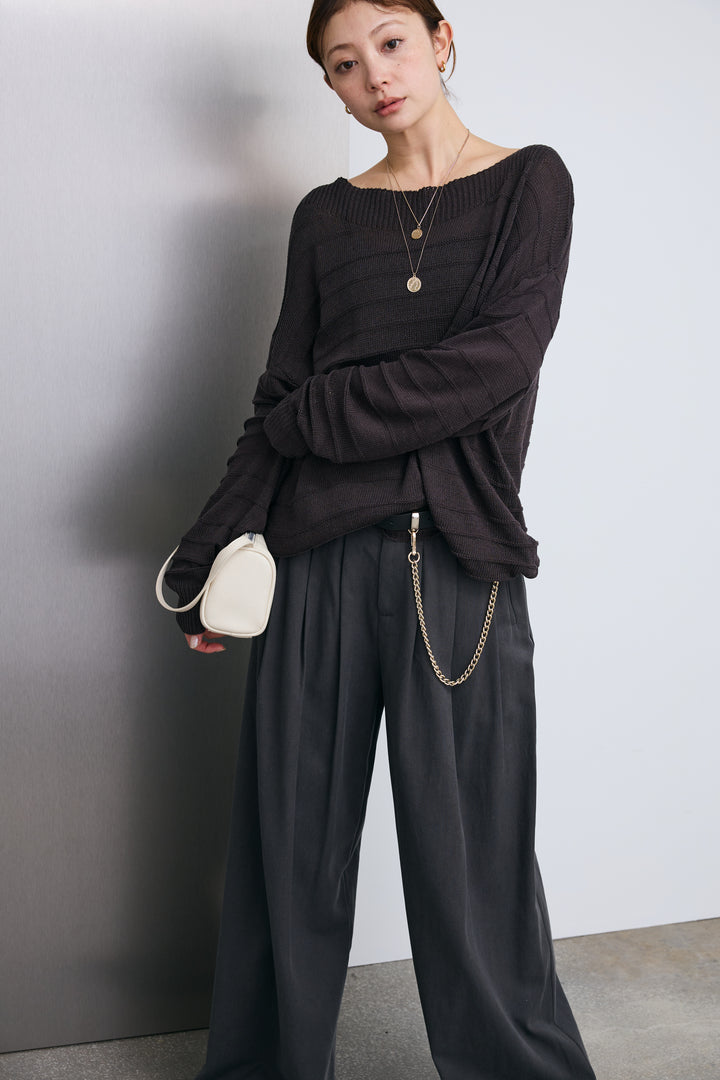 [予約/SET]ボートネックテクスチャーボーダーサマーニット+サイドベルトタックパンツ(2set)