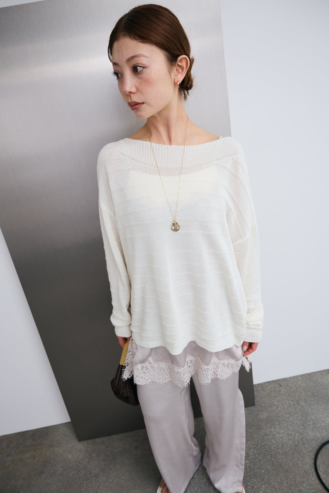 [予約/SET]ボートネックテクスチャーボーダーサマーニット+レーストリムキャミ+スリットレースサテンパンツ(3set)