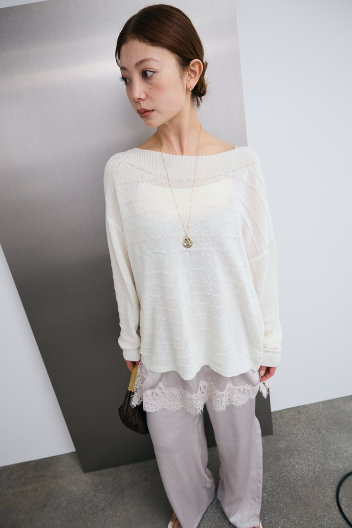 [予約/SET]ボートネックテクスチャーボーダーサマーニット+レーストリムキャミ+スリットレースサテンパンツ(3set)