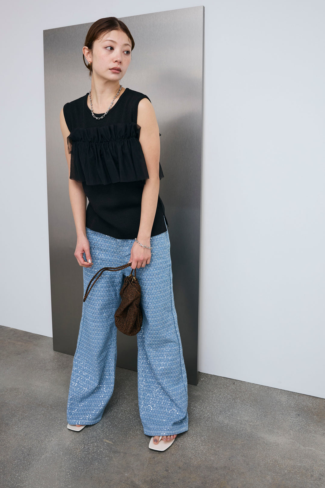 [予約/SET]チュールフリルスポンジニットPO+ニュアンスグリッターデニム(2set)