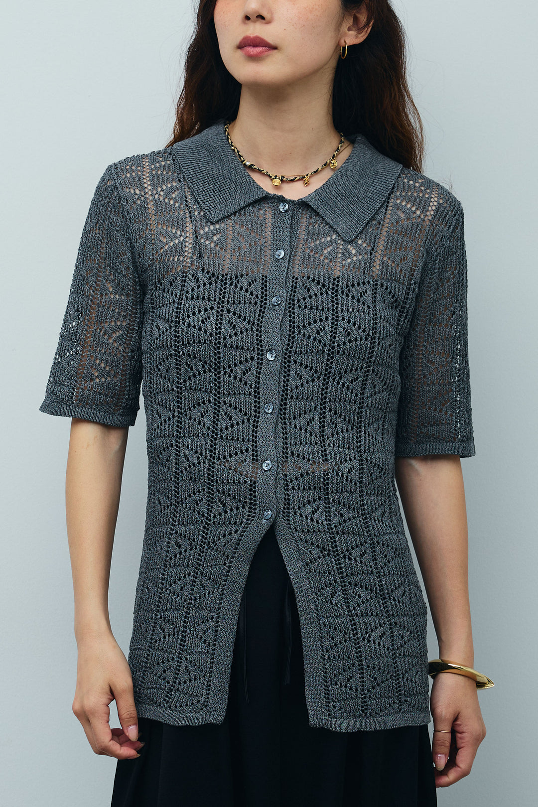 [予約]透かし編みポロニットカーディガン