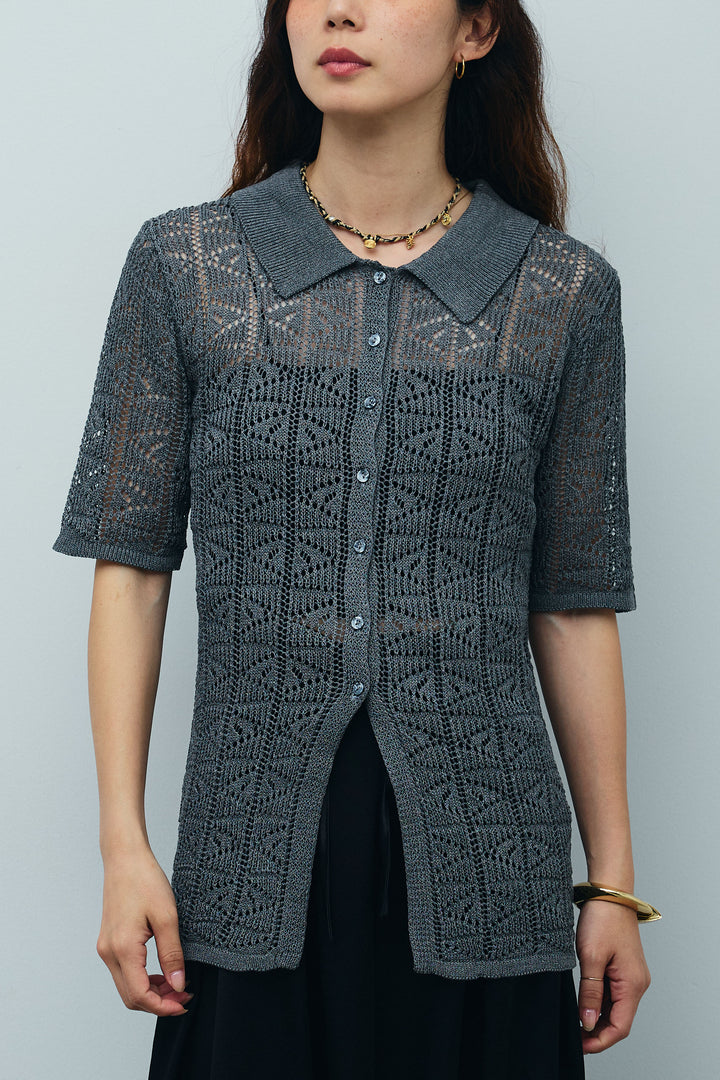 [予約]透かし編みポロニットカーディガン