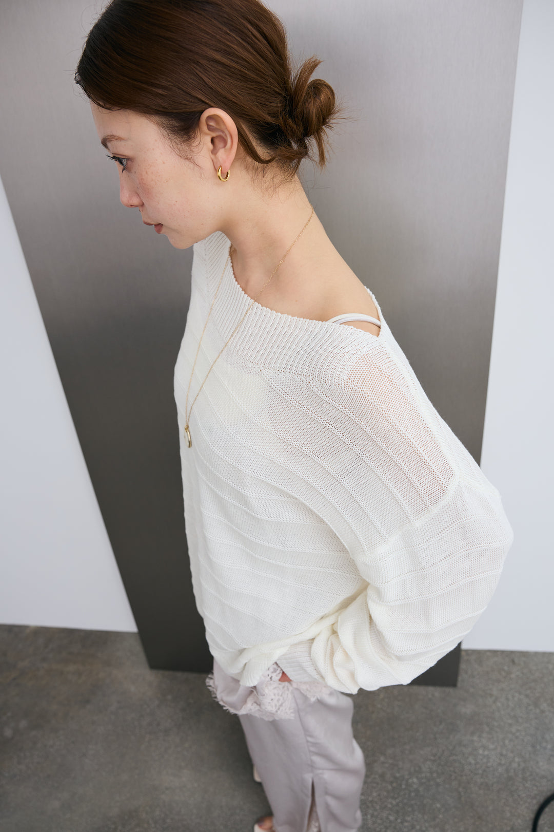 [予約/SET]ボートネックテクスチャーボーダーサマーニット+レーストリムキャミ+スリットレースサテンパンツ(3set)