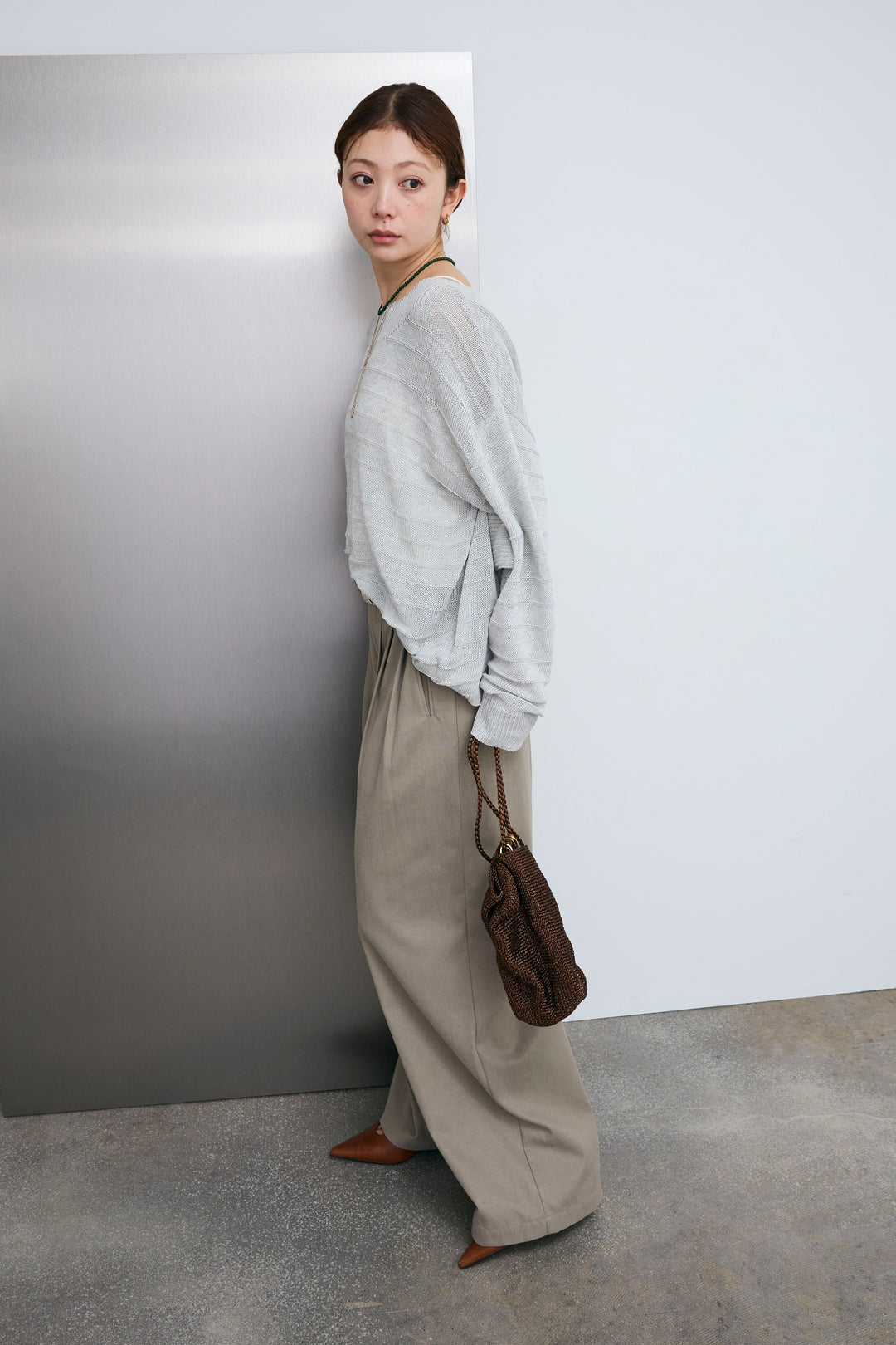 [予約/SET]ボートネックテクスチャーボーダーサマーニット+サイドベルトタックパンツ(2set)