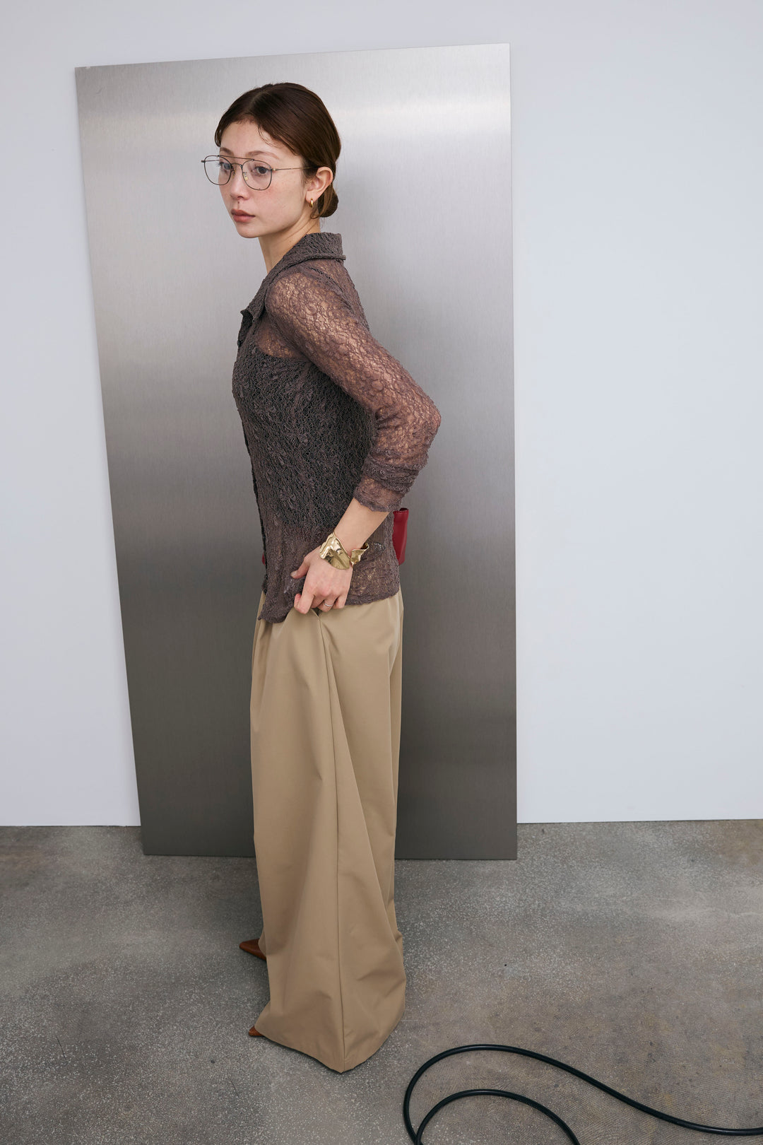 [予約/SET]シアーレース襟付きカーデ+ハイウエストタックワイドパンツ(2set)