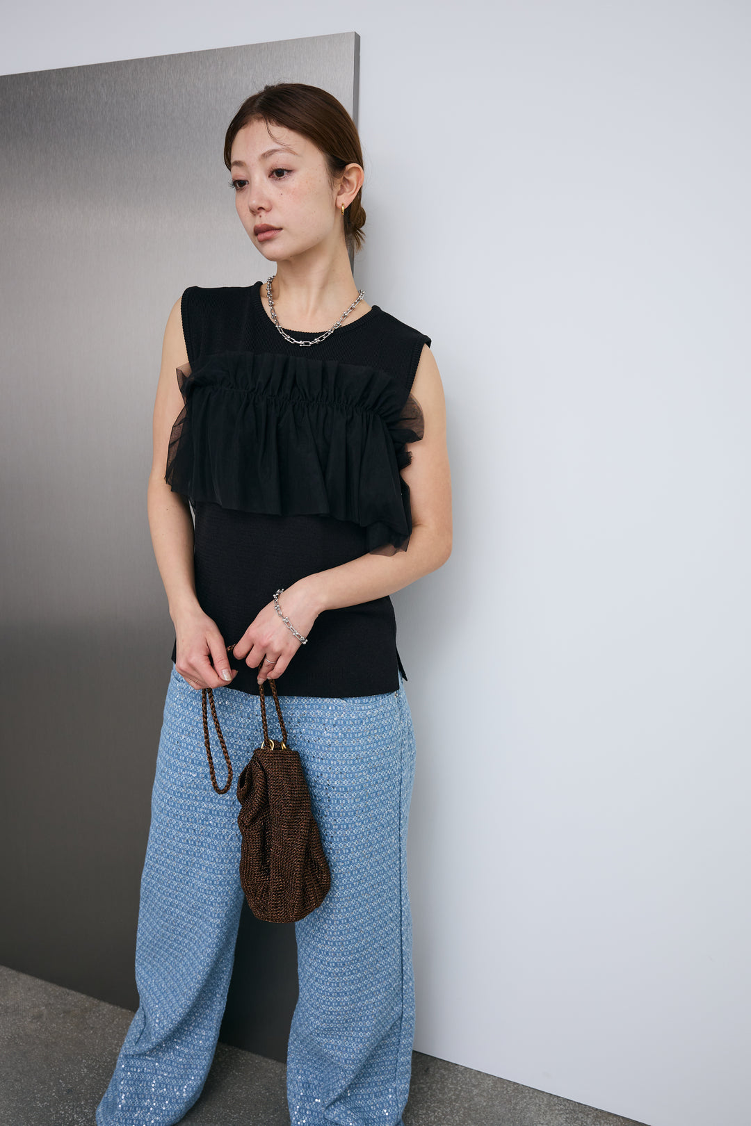 [予約/SET]チュールフリルスポンジニットPO+ニュアンスグリッターデニム(2set)