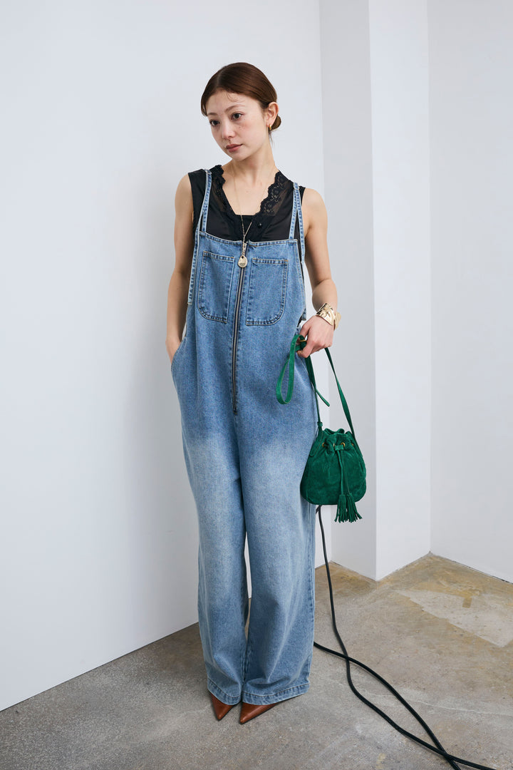 [予約/SET]レーストリムサテンノースリーブブラウス+フロントジップストラップデザインデニムサロペット(2set)