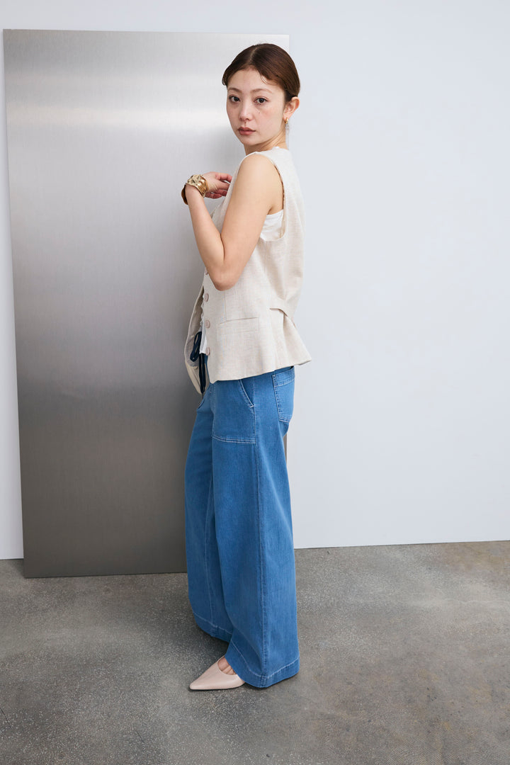 [予約/SET]レーストリムサテンノースリーブブラウス+リネンタッチVネックジレ+ストレッチイージーデニム(3set)