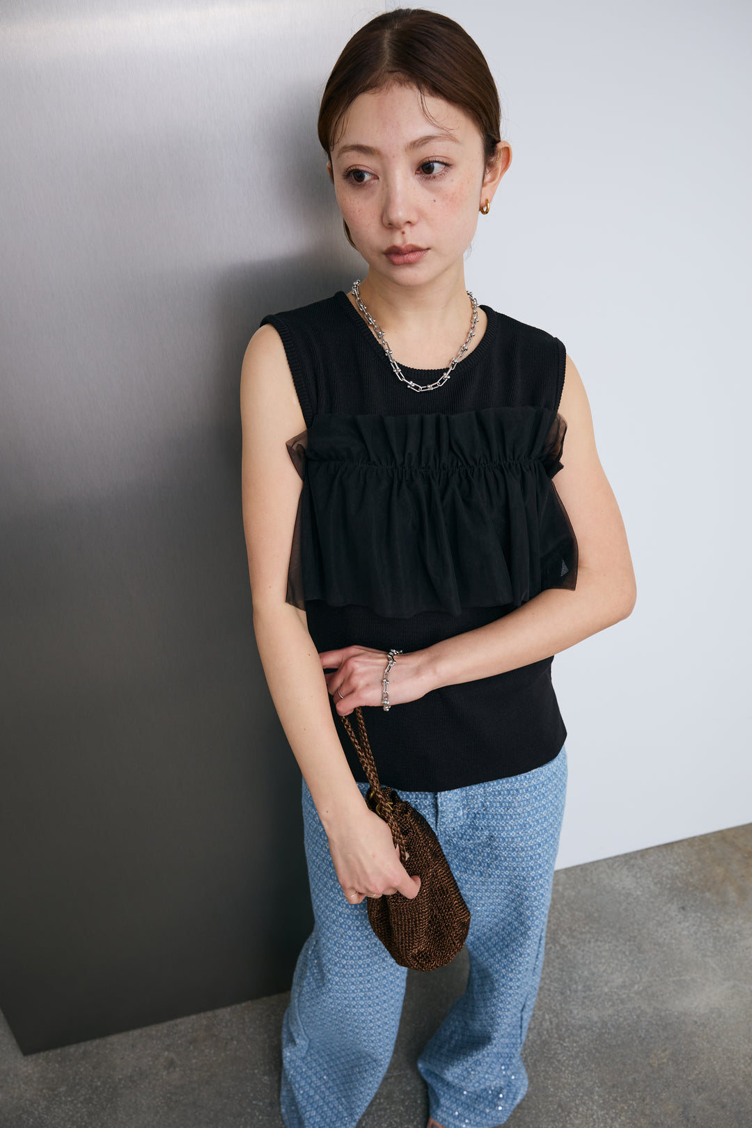 [予約/SET]チュールフリルスポンジニットPO+ニュアンスグリッターデニム(2set)