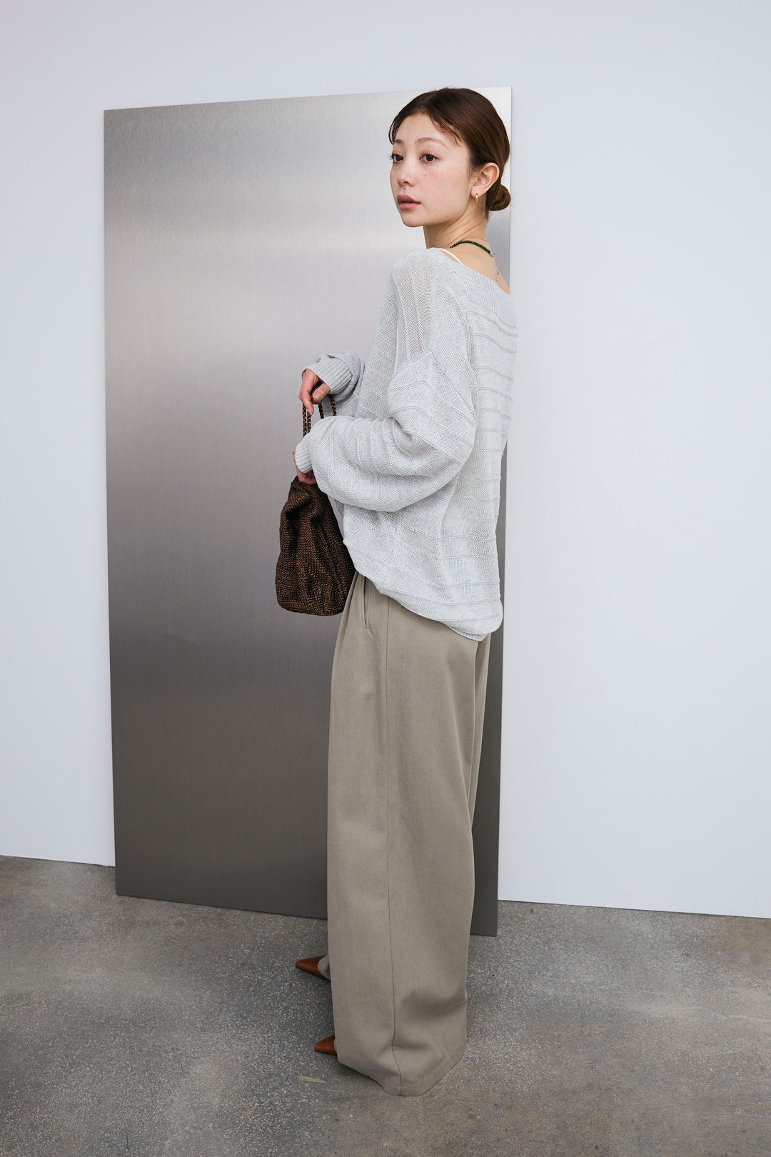 [予約/SET]ボートネックテクスチャーボーダーサマーニット+サイドベルトタックパンツ(2set)