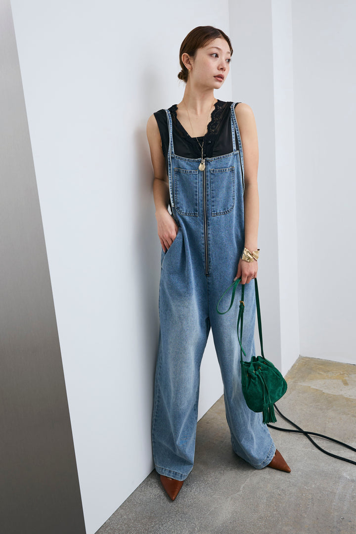 [予約/SET]レーストリムサテンノースリーブブラウス+フロントジップストラップデザインデニムサロペット(2set)