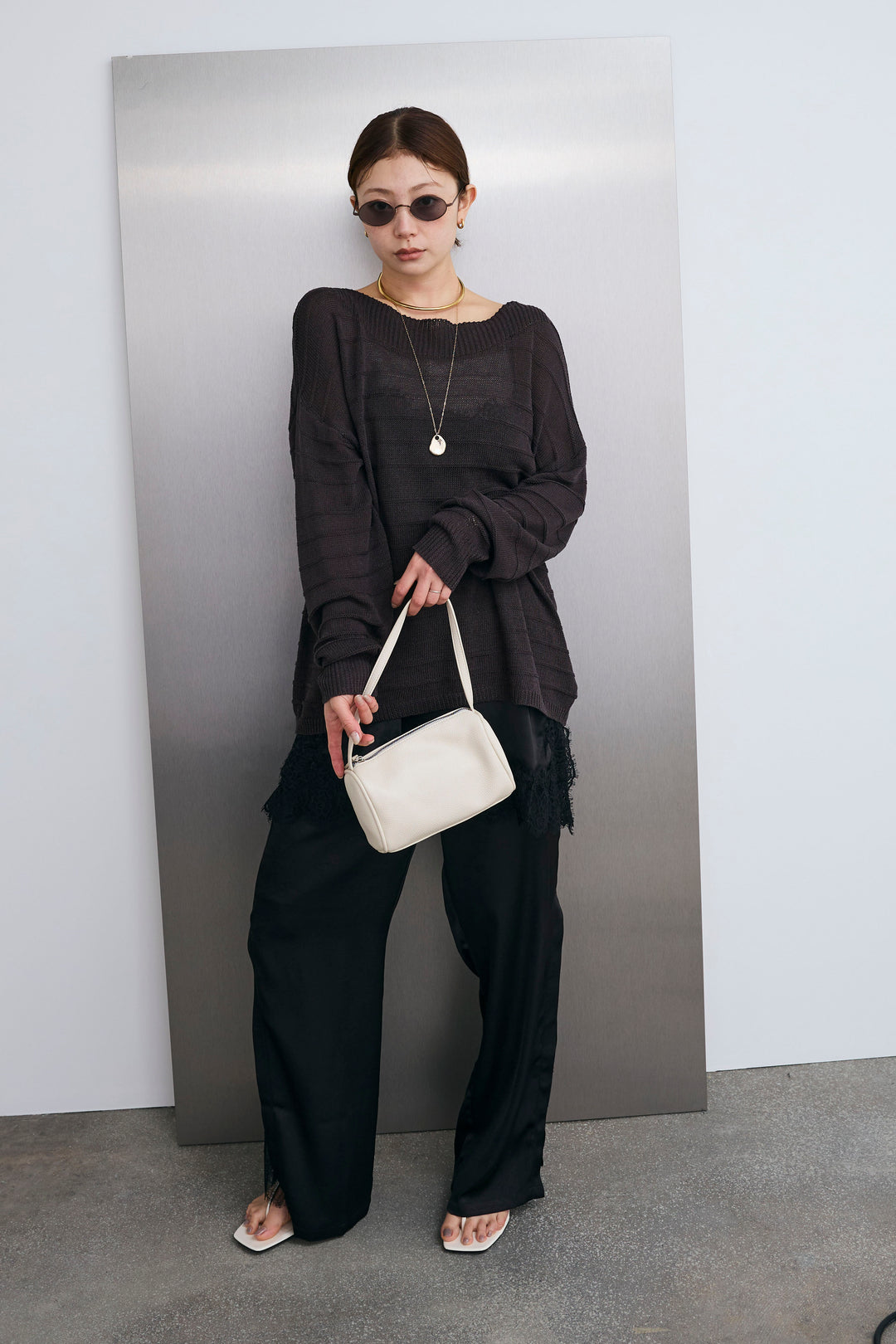 [予約/SET]ボートネックテクスチャーボーダーサマーニット+スリットレースサテンパンツ(2set)