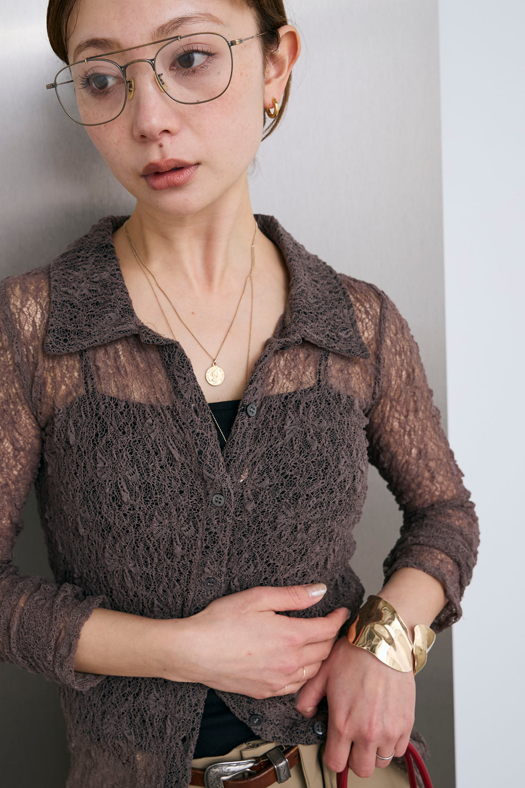 [予約/SET]シアーレース襟付きカーデ+ハイウエストタックワイドパンツ(2set)