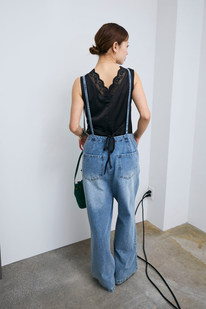 [予約/SET]レーストリムサテンノースリーブブラウス+フロントジップストラップデザインデニムサロペット(2set)