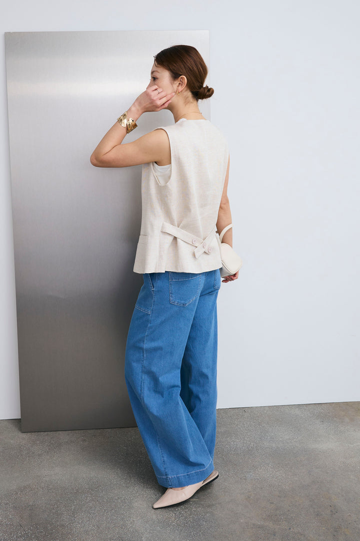 [予約/SET]レーストリムサテンノースリーブブラウス+リネンタッチVネックジレ(2set)