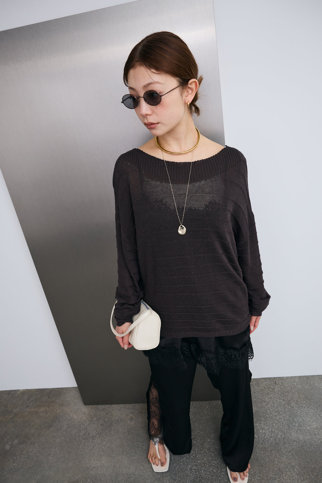 [予約/SET]ボートネックテクスチャーボーダーサマーニット+スリットレースサテンパンツ(2set)