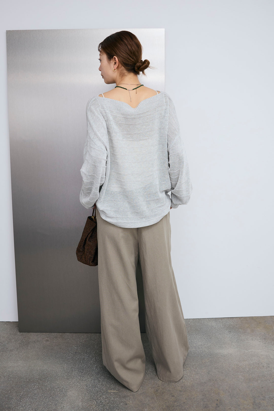 [予約/SET]ボートネックテクスチャーボーダーサマーニット+サイドベルトタックパンツ(2set)