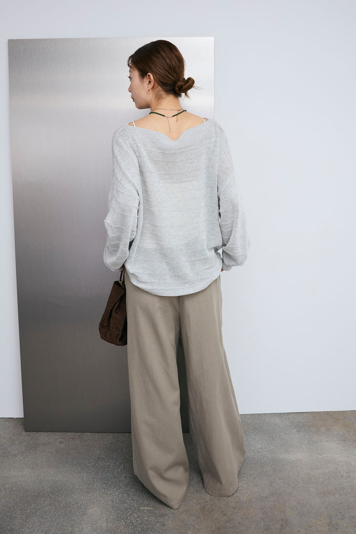 [予約/SET]ボートネックテクスチャーボーダーサマーニット+サイドベルトタックパンツ(2set)