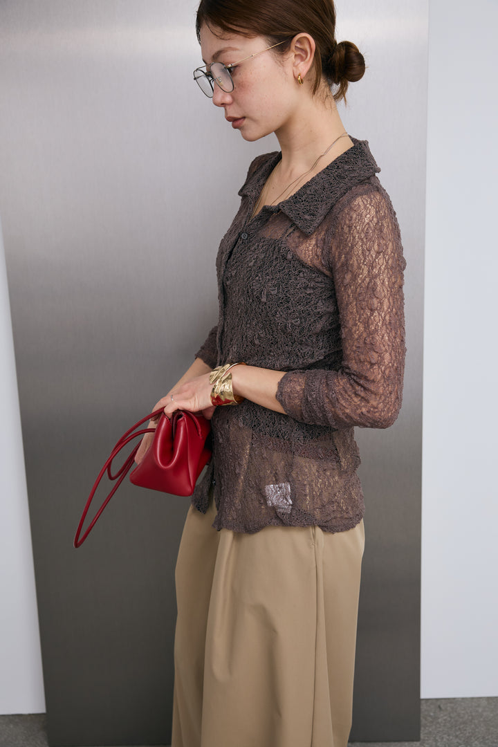 [予約/SET]シアーレース襟付きカーデ+ハイウエストタックワイドパンツ(2set)