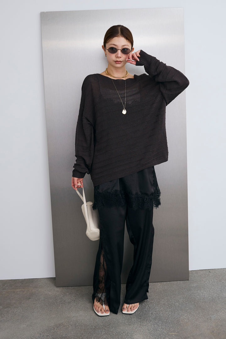 [予約/SET]ボートネックテクスチャーボーダーサマーニット+レーストリムキャミ+スリットレースサテンパンツ(3set)