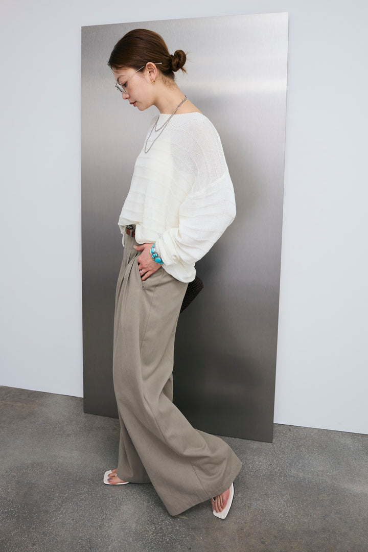 [予約/SET]ボートネックテクスチャーボーダーサマーニット+サイドベルトタックパンツ(2set)