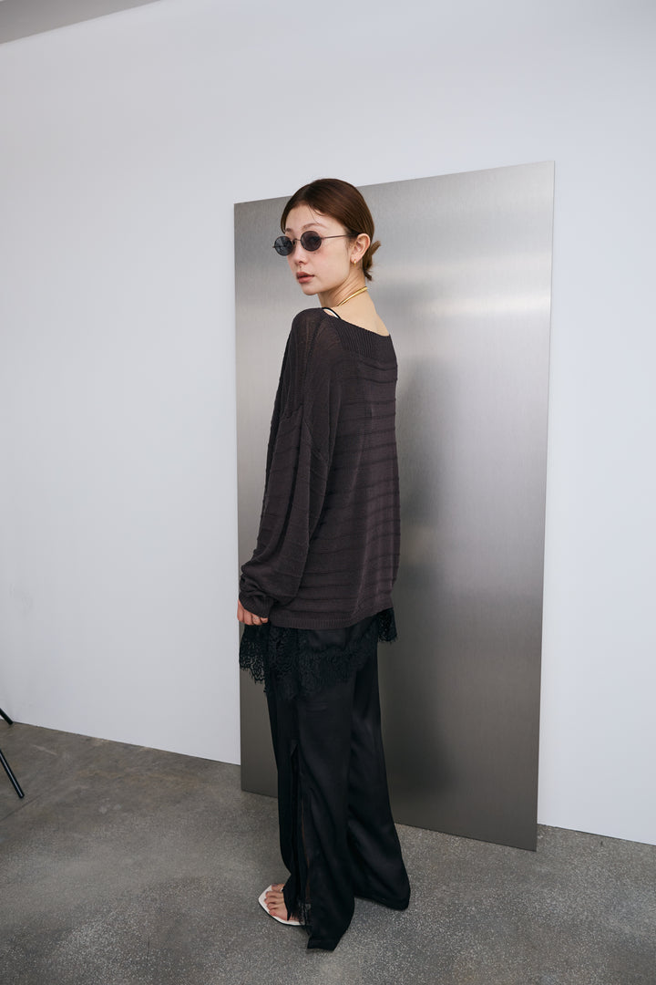 [予約/SET]ボートネックテクスチャーボーダーサマーニット+スリットレースサテンパンツ(2set)