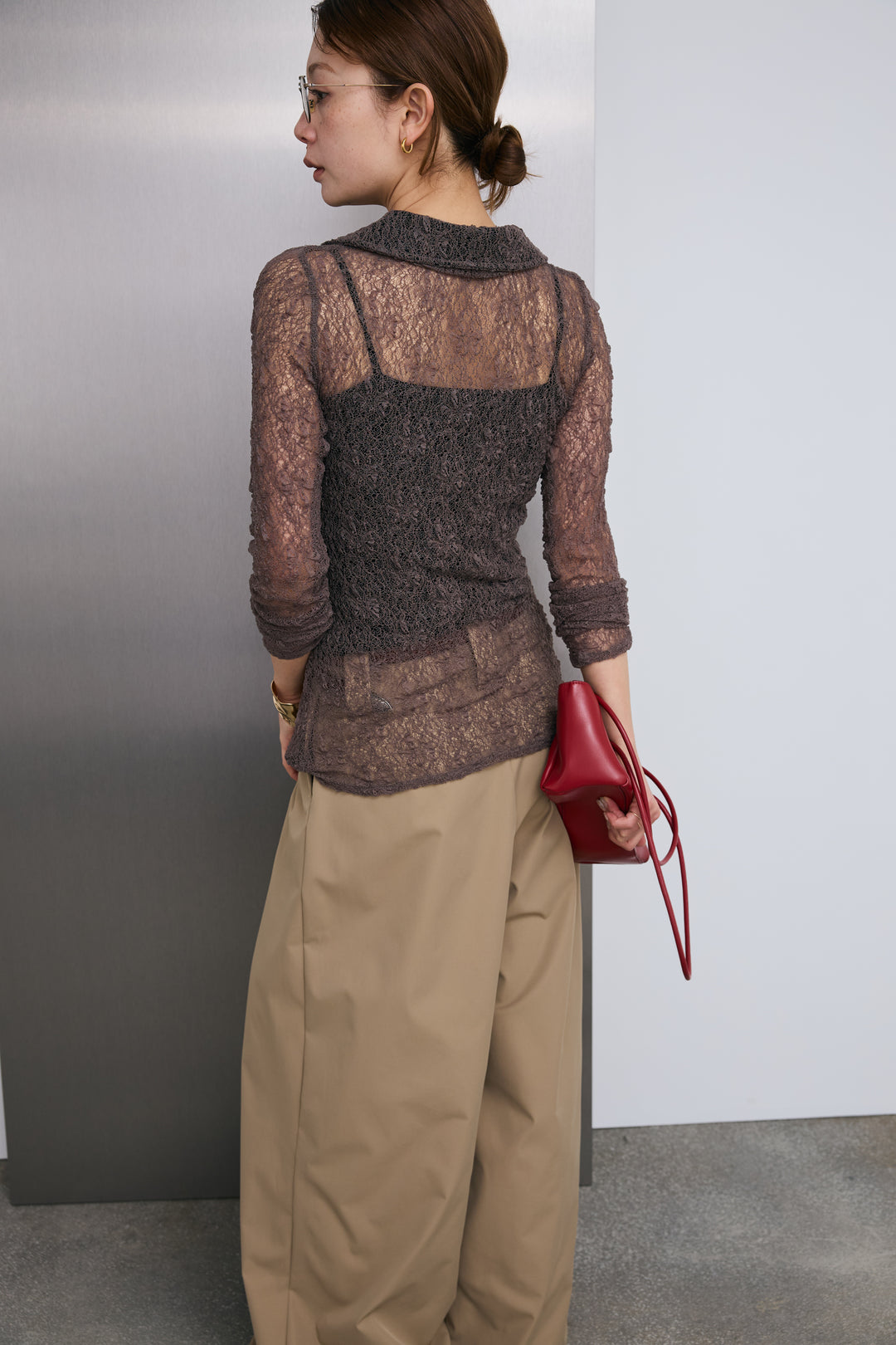 [予約/SET]シアーレース襟付きカーデ+ハイウエストタックワイドパンツ(2set)