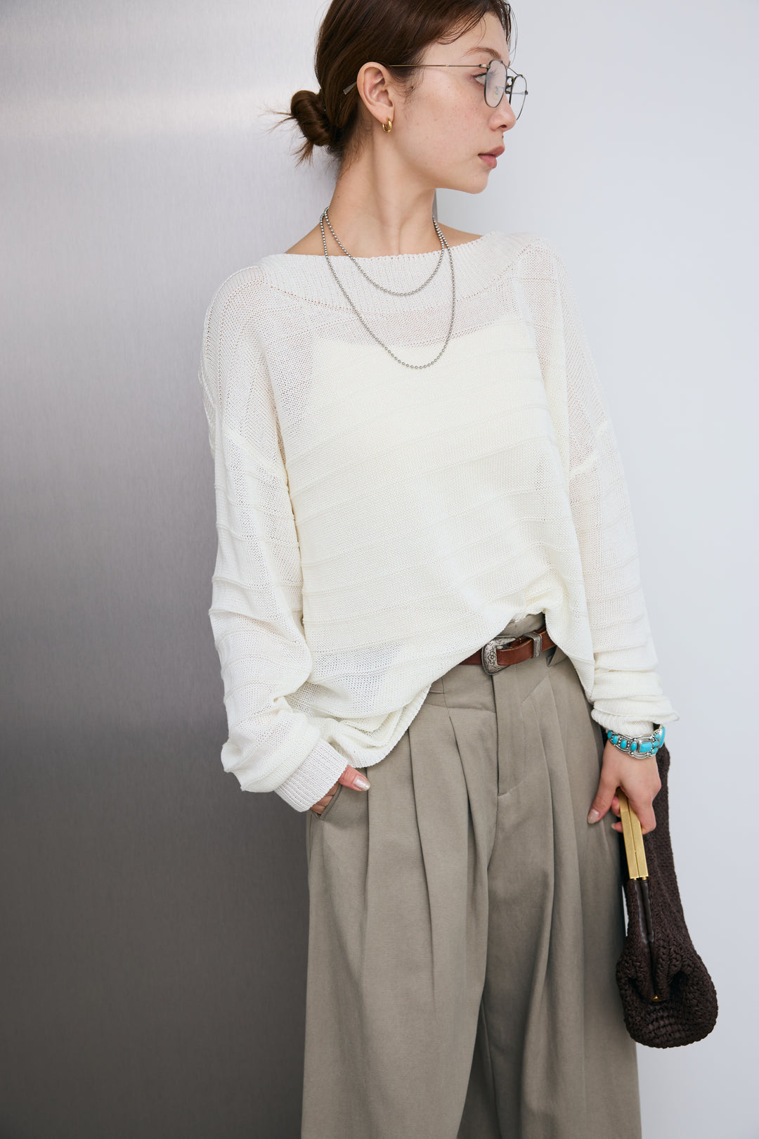 [予約/SET]ボートネックテクスチャーボーダーサマーニット+サイドベルトタックパンツ(2set)