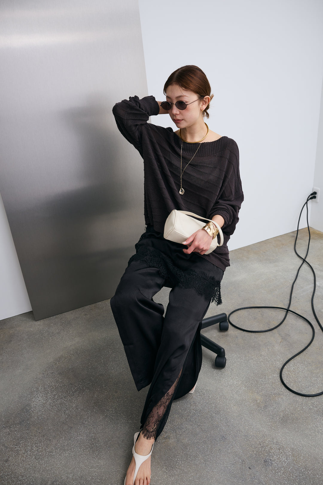 [予約/SET]ボートネックテクスチャーボーダーサマーニット+スリットレースサテンパンツ(2set)