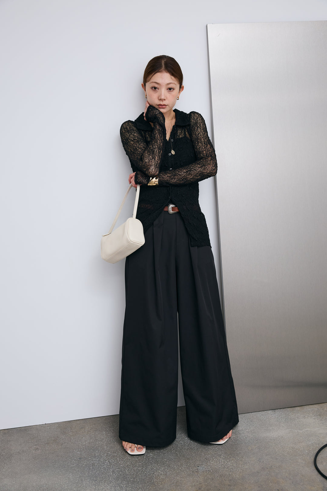 [予約/SET]シアーレース襟付きカーデ+ハイウエストタックワイドパンツ(2set)