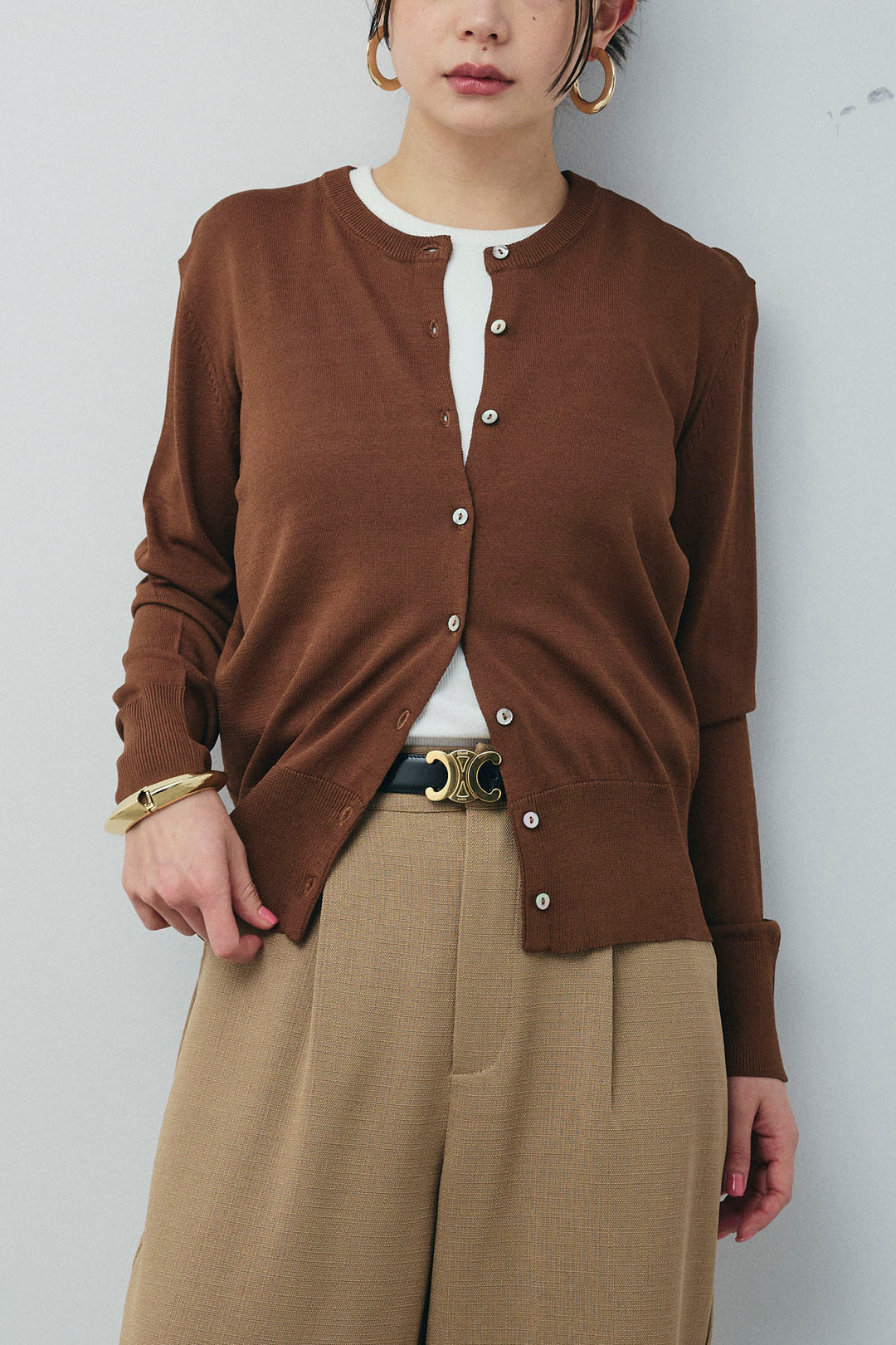 [予約/SET]シェルボタンクルーネックCD+ライトツイードタックワイドパンツ(2set)