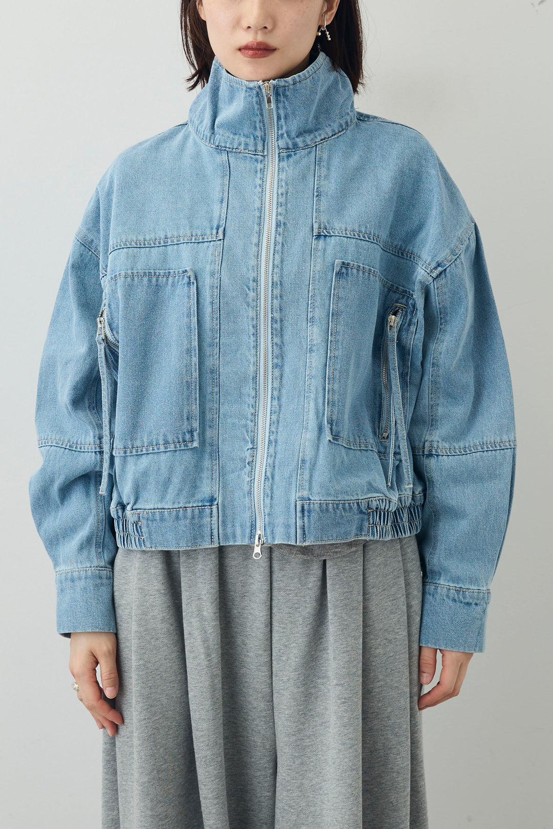 [予約/SET]ダブルウエストスウェットパンツ+スタンドカラーショート丈デニムブルゾン(2set)