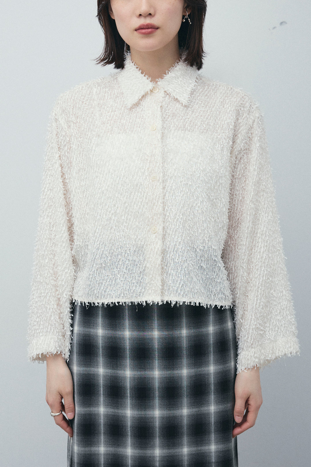 [予約/SET]フェザークロップドシャツ+チェックストレートスカート(2set)