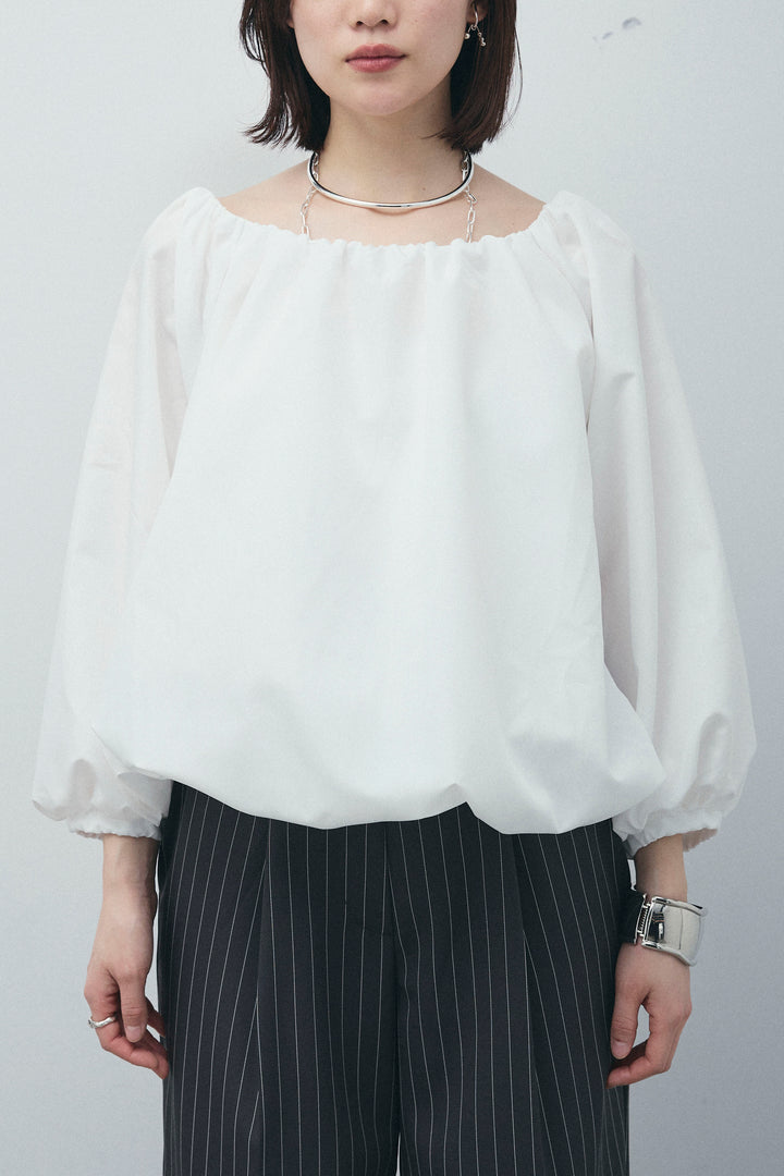 [予約/SET]オフショルバルーンブラウス+ダブルウエストピンストライプパンツ(2set)