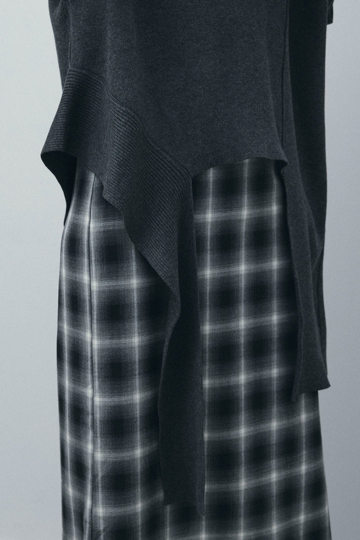 [予約/SET]アシンメトリーデザインニットベスト+チェックストレートスカート(2set)