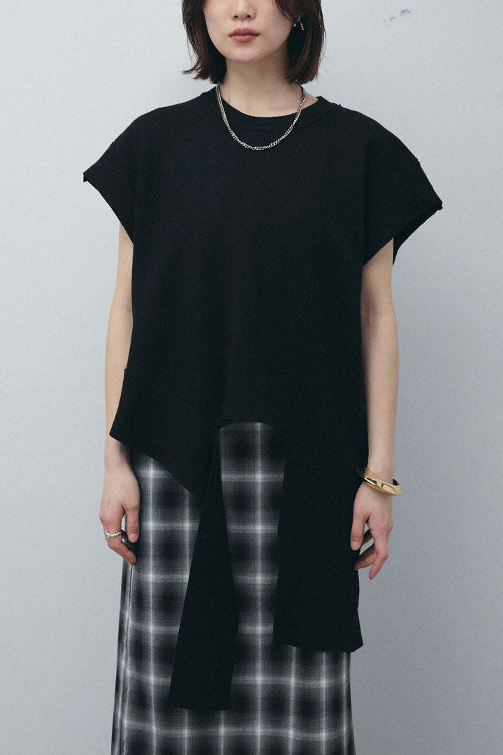 [予約/SET]アシンメトリーデザインニットベスト+チェックストレートスカート(2set)