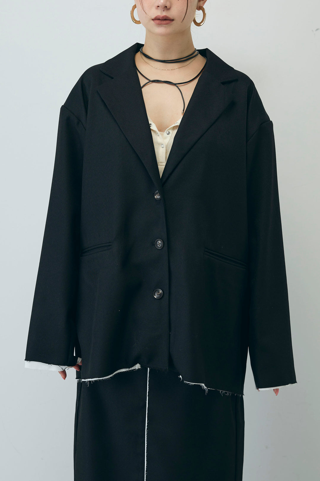 [予約/SET]ヘザーエステルテーラードジャケット+シアーテレコヘンリーネックPO+ヘザーエステルストレートスカート(3set)