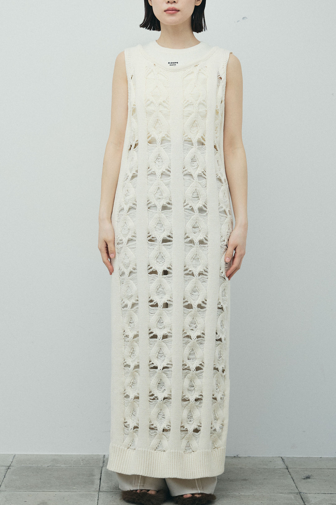 [予約/SET]ミックス編みニットワンピース+フロントロゴ入りリブタンクトップ+ハイウエストスキニーレギンス(3set)