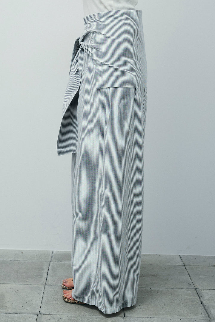 [予約/SET]前後2WAYポンチフレンチスリーブTシャツ+ウエスト巻きストライプワイドパンツ(2set)