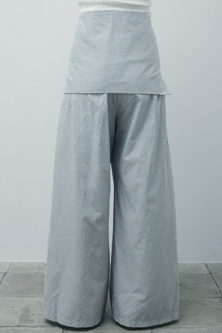 [予約/SET]前後2WAYポンチフレンチスリーブTシャツ+ウエスト巻きストライプワイドパンツ(2set)