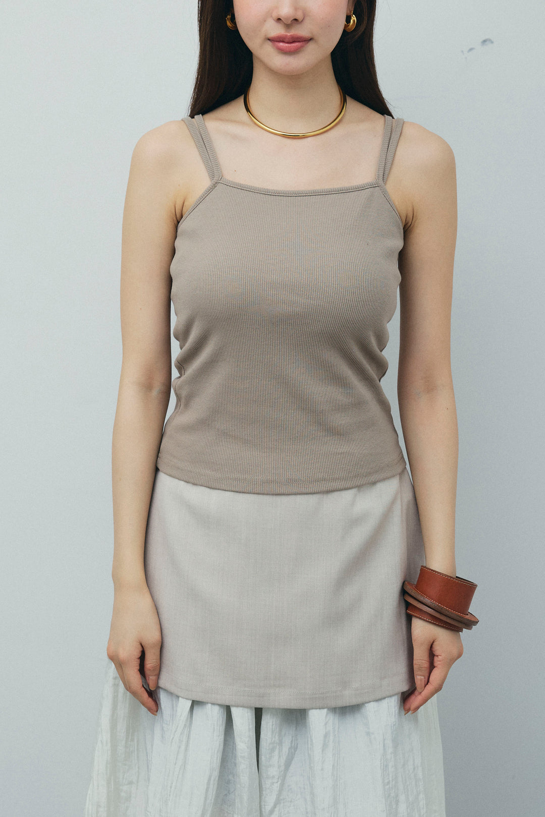 [予約/SET]フィッシュネットノースリーブニット+カップ付きストラップキャミ+レイヤードスカート(3set)