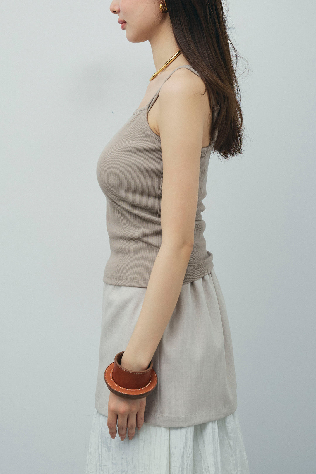 [予約/SET]フィッシュネットノースリーブニット+カップ付きストラップキャミ+レイヤードスカート(3set)