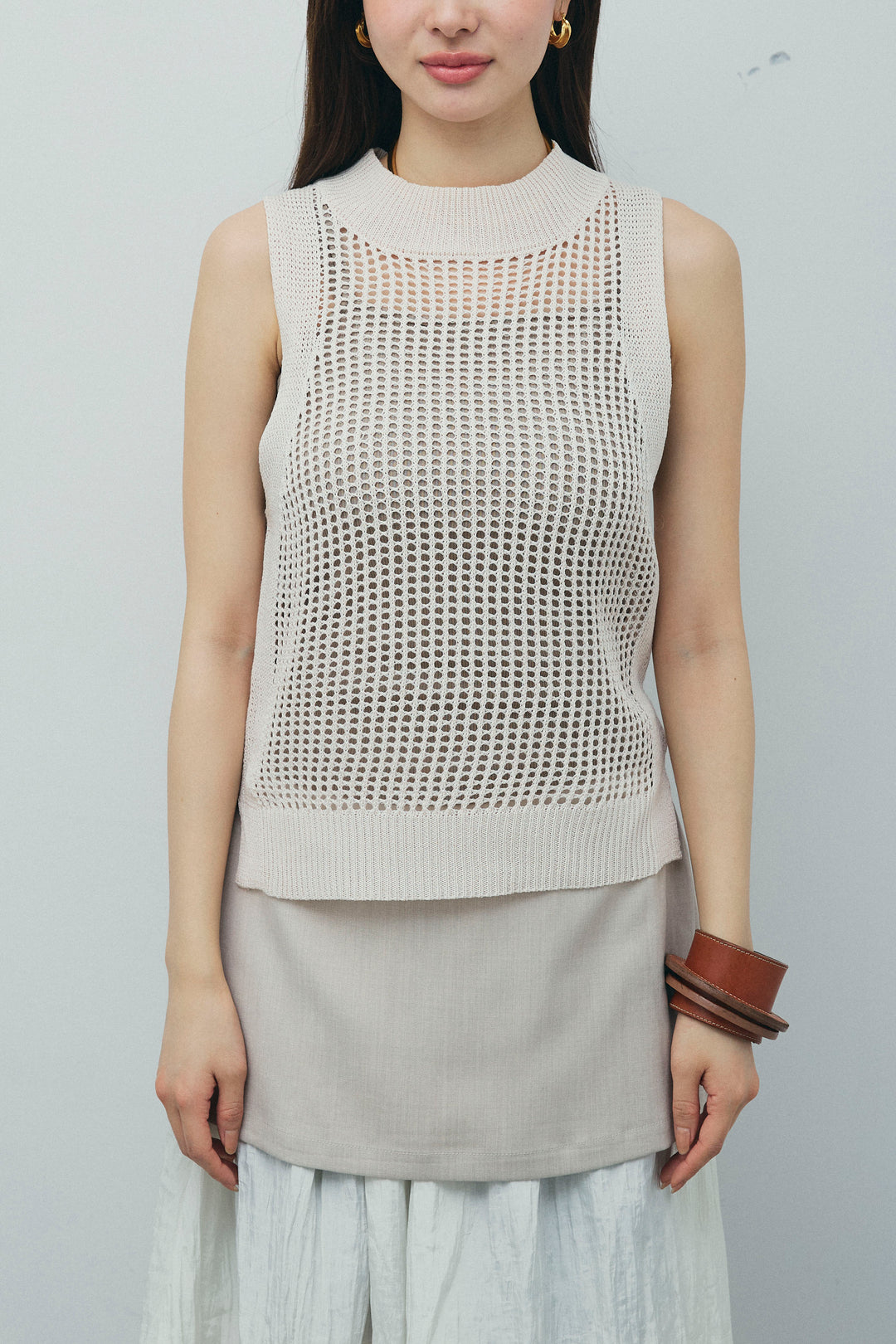 [予約/SET]フィッシュネットノースリーブニット+カップ付きストラップキャミ+レイヤードスカート(3set)