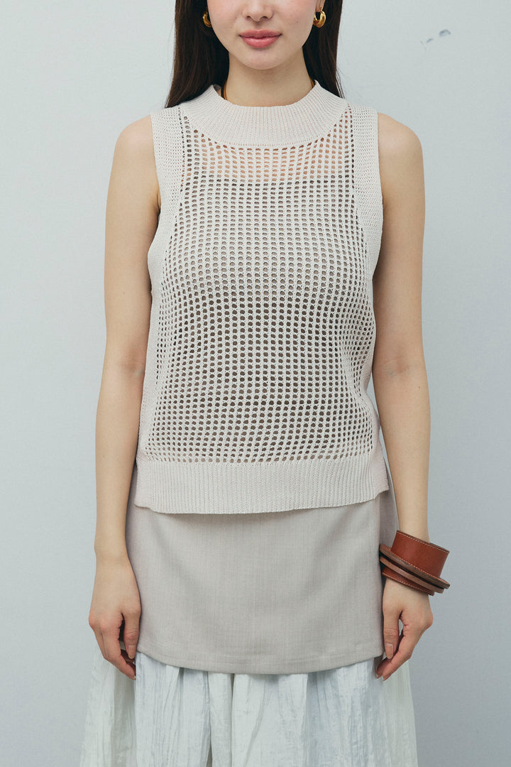 [予約/SET]フィッシュネットノースリーブニット+カップ付きストラップキャミ+レイヤードスカート(3set)