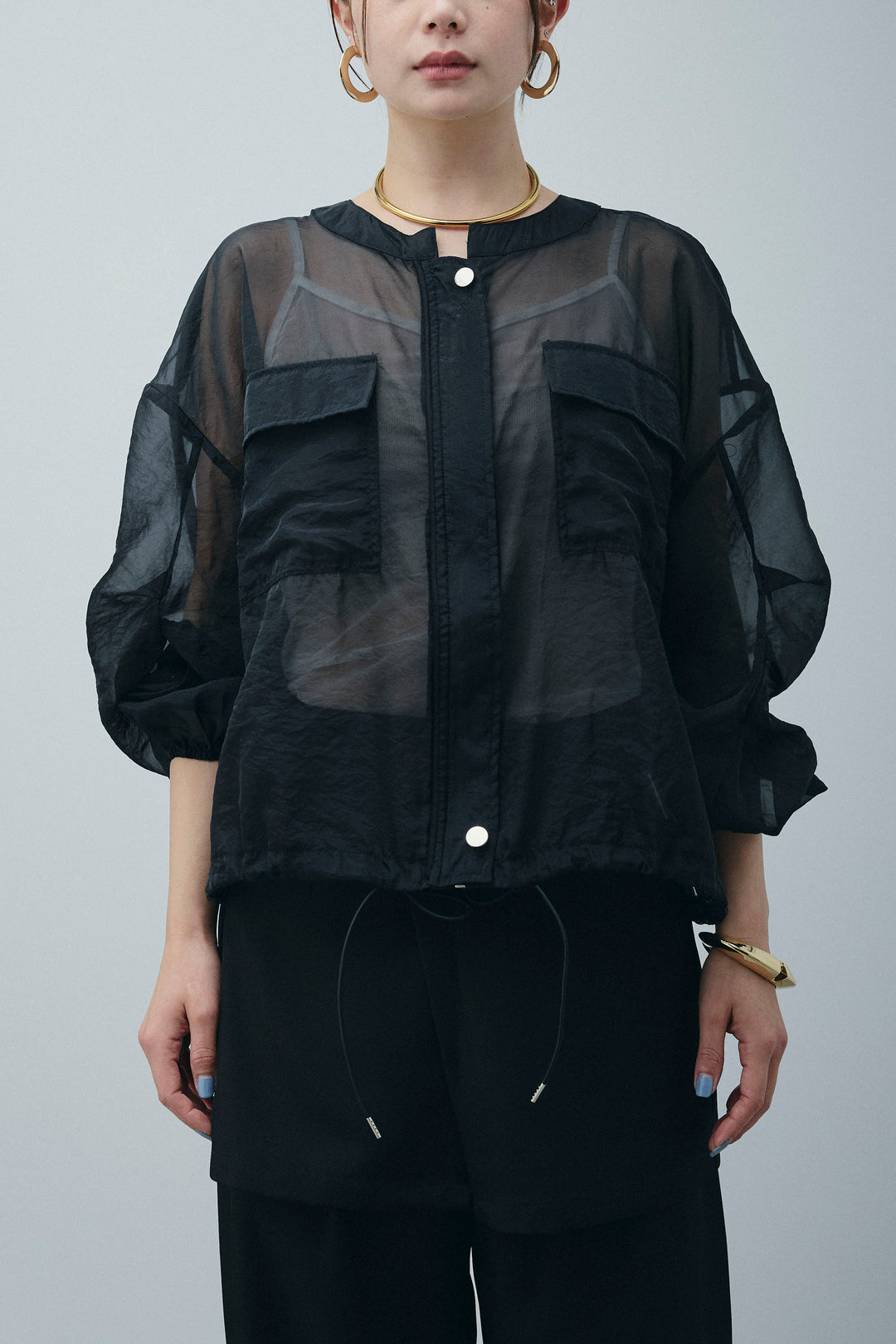 [予約/SET]ドロストシアーブルゾン+フロントボタンベアトップ+ツイルタックワイドパンツ(3set)