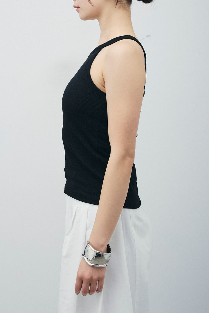 [予約/SET]ラメワッシャーダブルジレ+カップ付きホルターネックタンク+ウエスト巻きストライプワイドパンツ(3set)